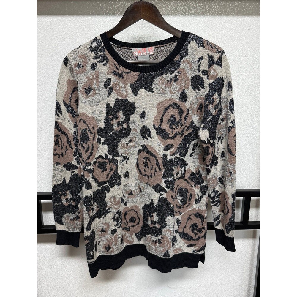 Nouveaux Woman's Earth Tones Brown Beige Black Cotton Floral Sweater Top Size M